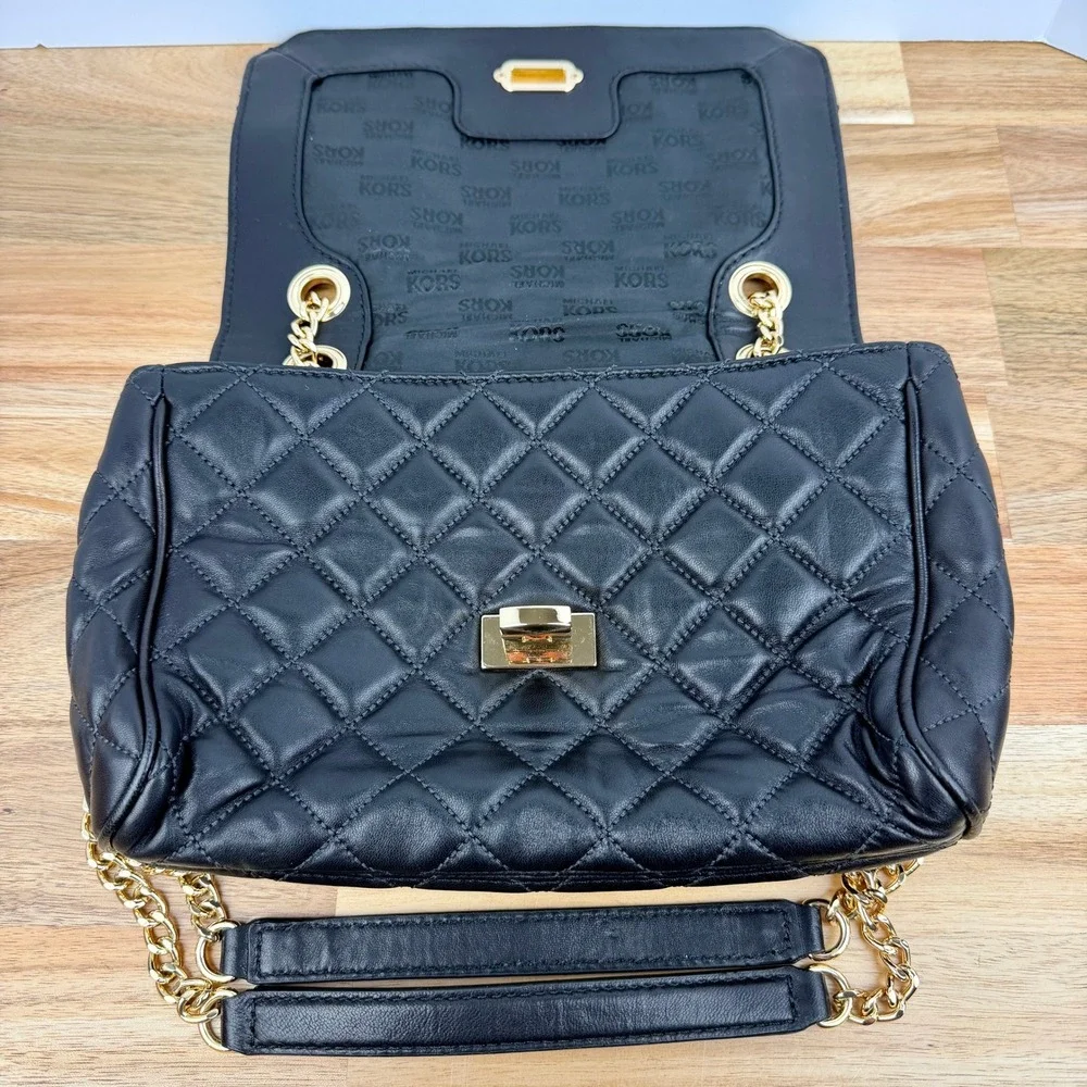 Michael Kors Sloan Quilted Leather Shoulder Bag Black Gold Chain Flap